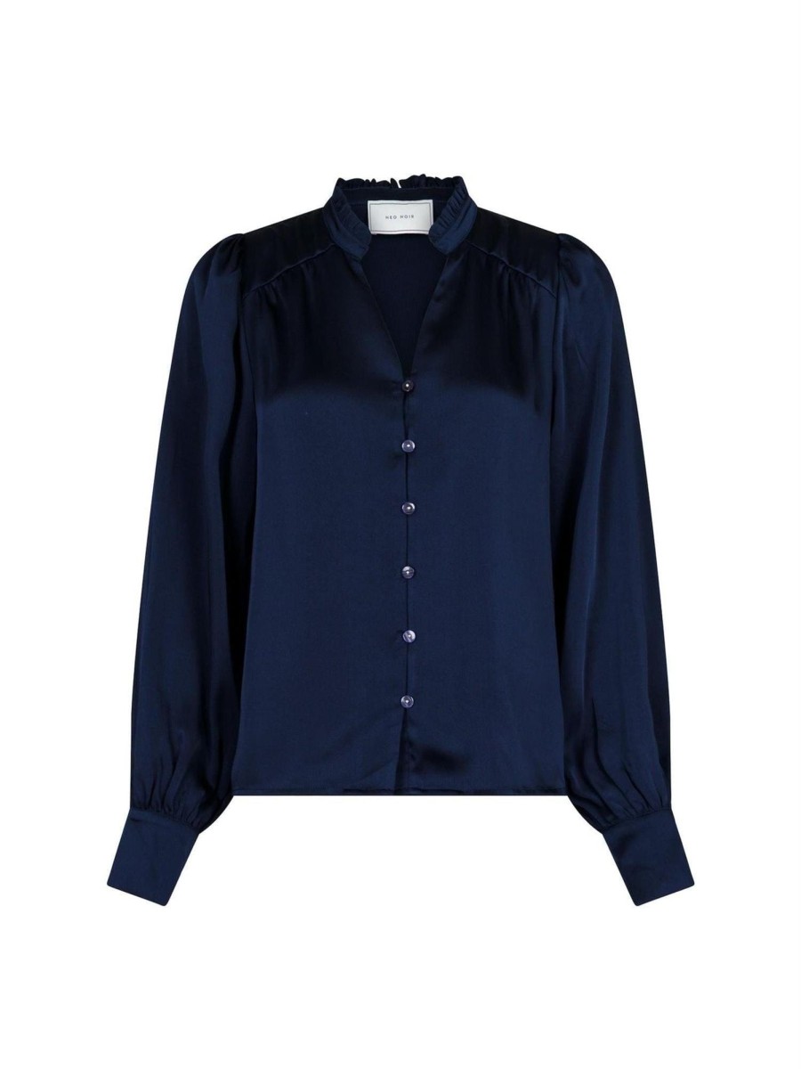 Klaer Neo Noir | Massima Drapy Satin Blouse Dark Navy Blue