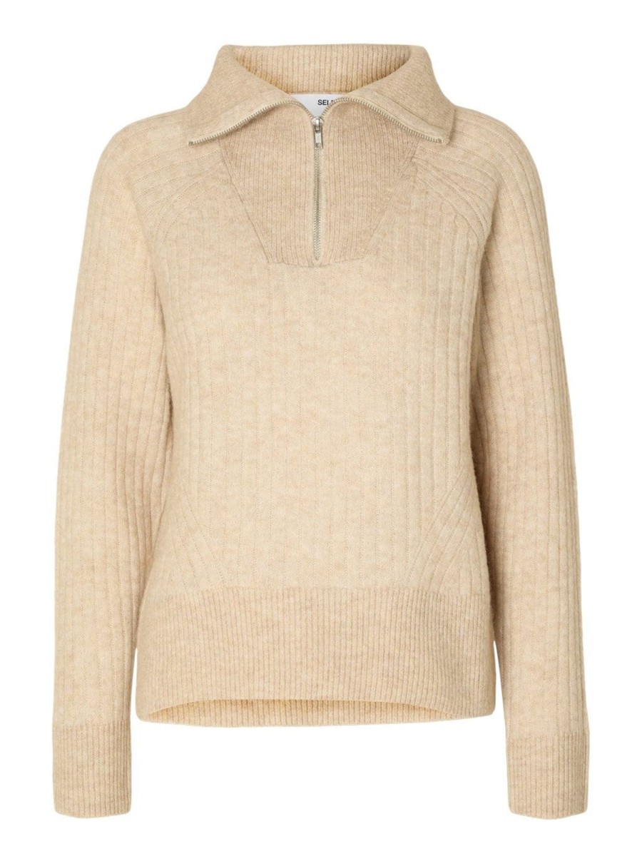 Klaer Selected Femme | Lulu Mika Half Zip Ls Knit Birch Melange Beige