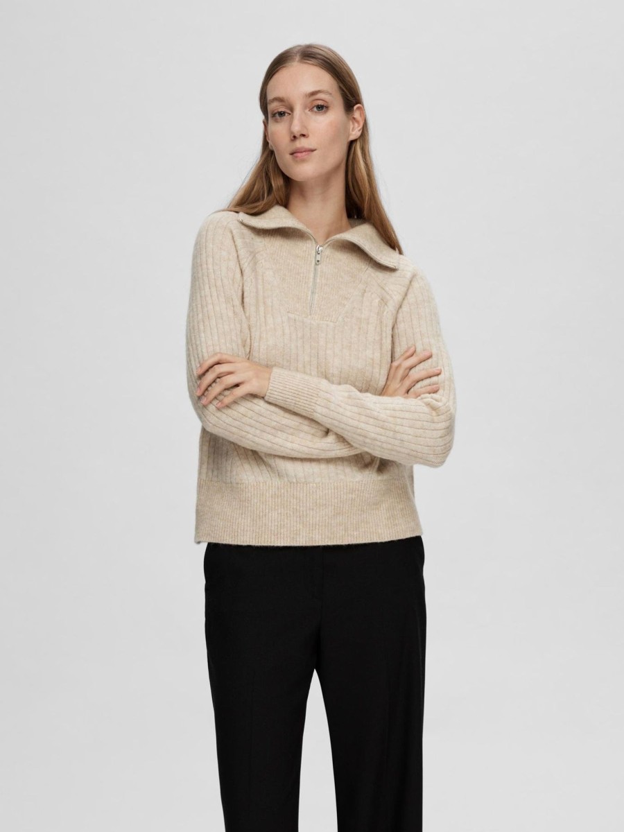 Klaer Selected Femme | Lulu Mika Half Zip Ls Knit Birch Melange Beige