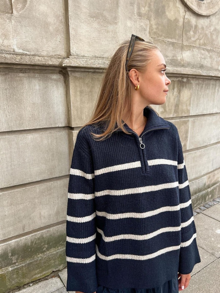 Klaer Neo Noir | Nevena Stripe Knit Blouse Navy/Sand Blue
